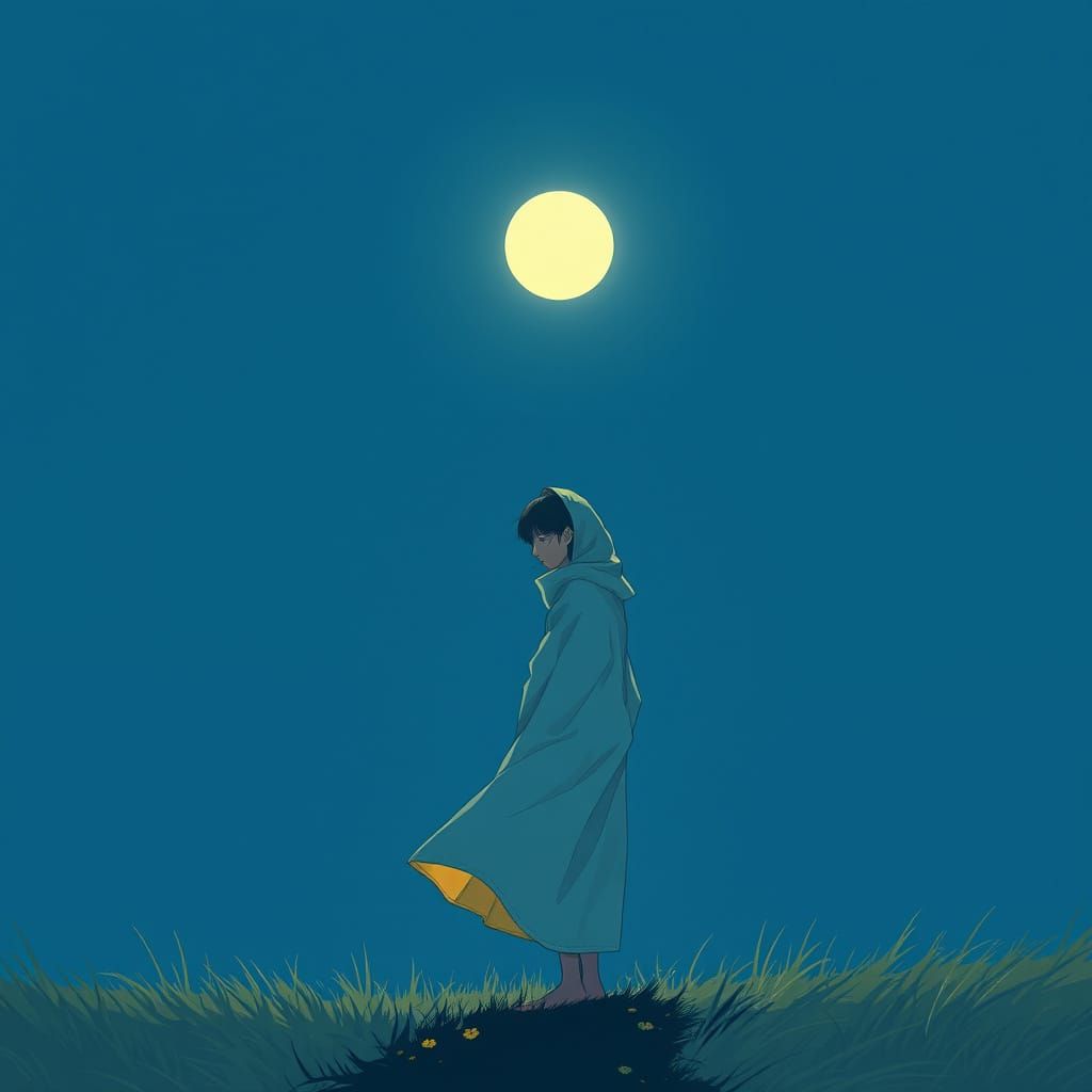 Moonlit Solitude: Nostalgic Figure in Dreamy Atmosphere