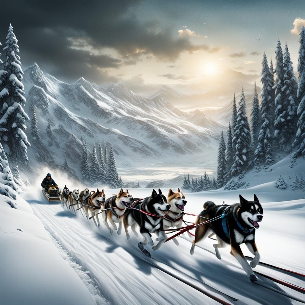 Dog Sled Racing in Snowy Landscape: Digital Painting
