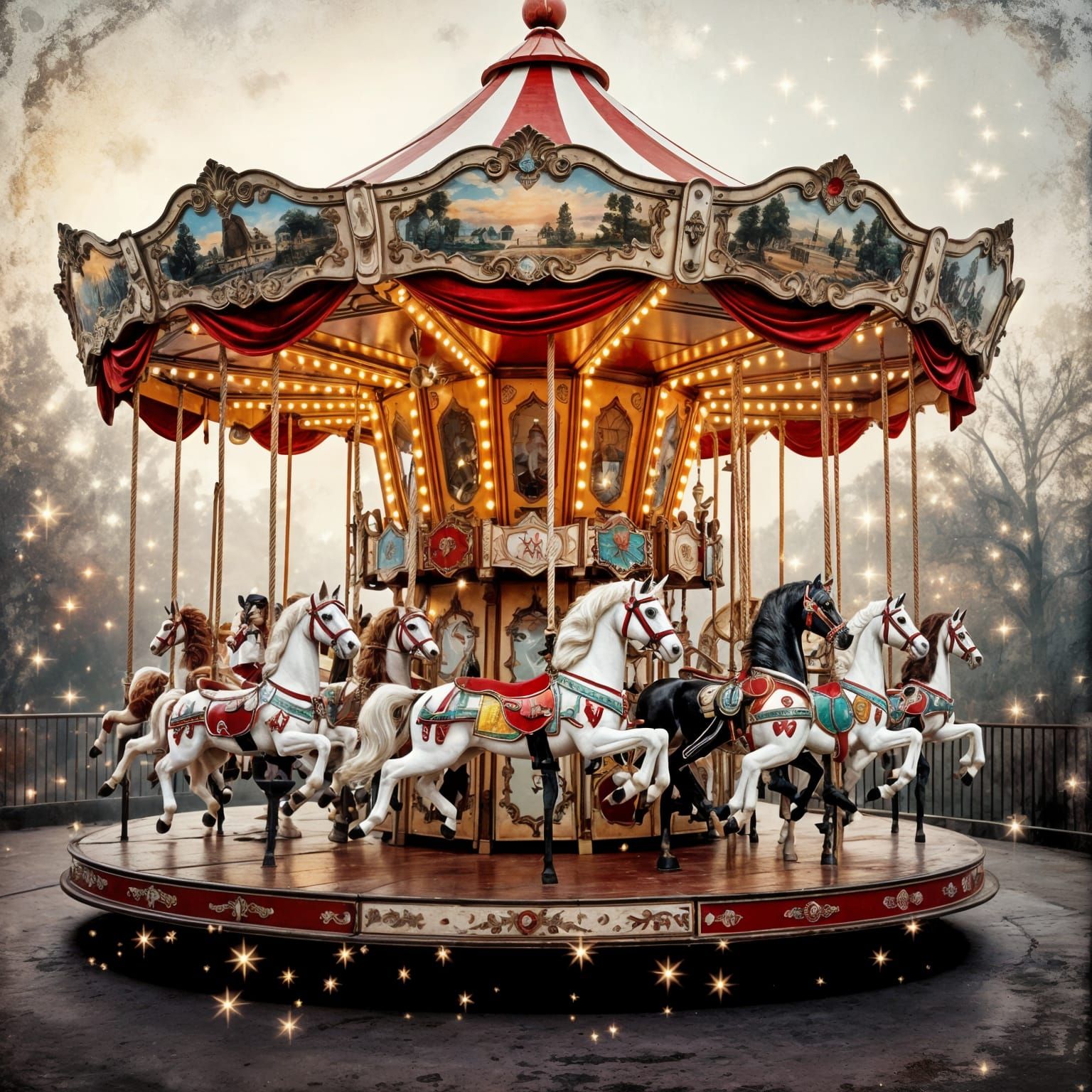 Vintage Carousel with Detailed Ponies and Magical Sparkles