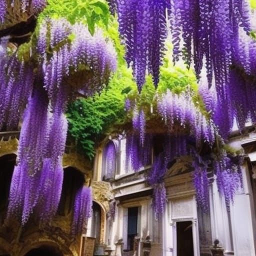 Luminescent Wisteria Flowers in Magical Cave