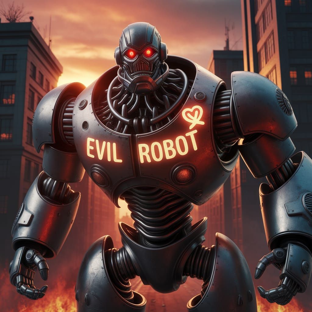 Ominous Cyberpunk Robot Dominates Burning Cityscape