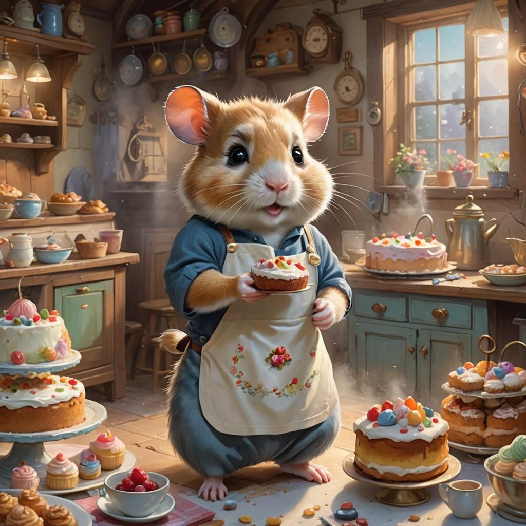 Cartoon Hamster Baking Cake in Hyperdetailed Fantasy Style
