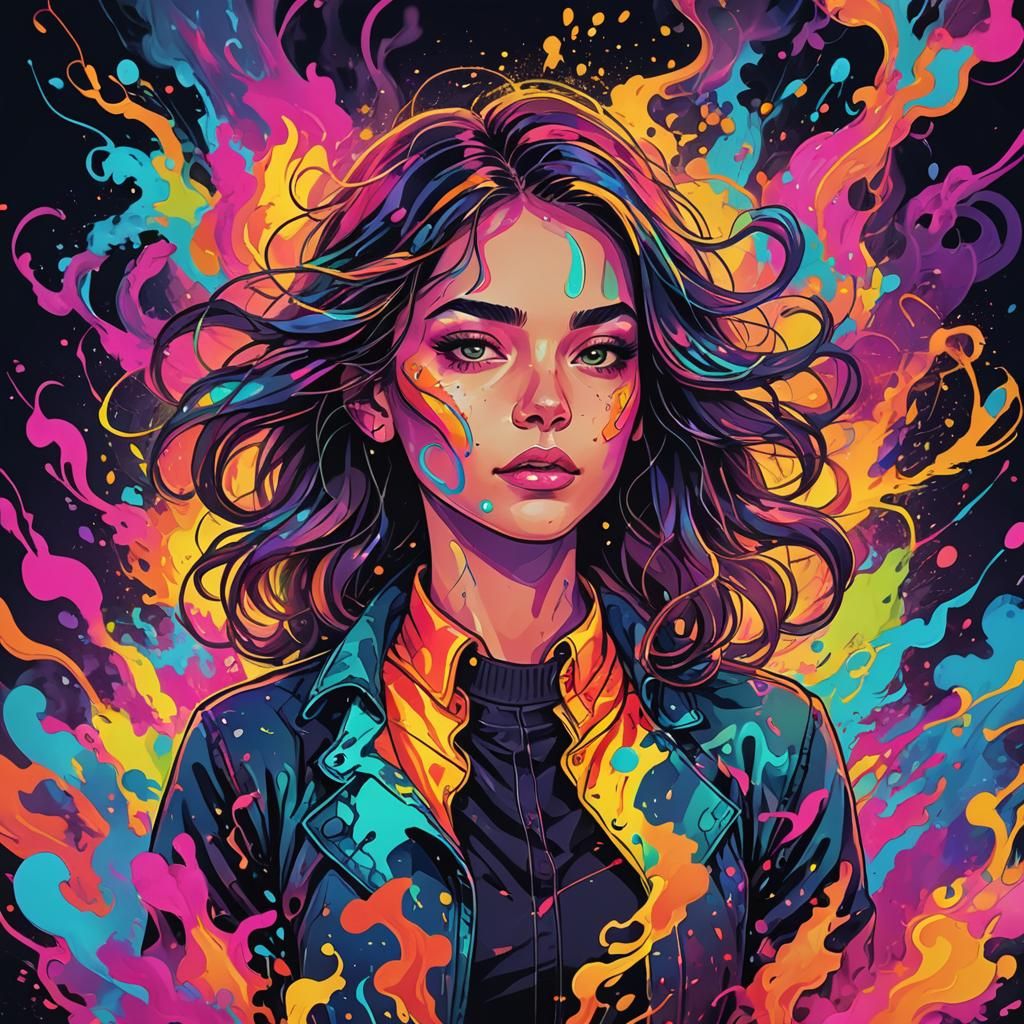 Neon Cartoon Woman with Iridescent Smoke