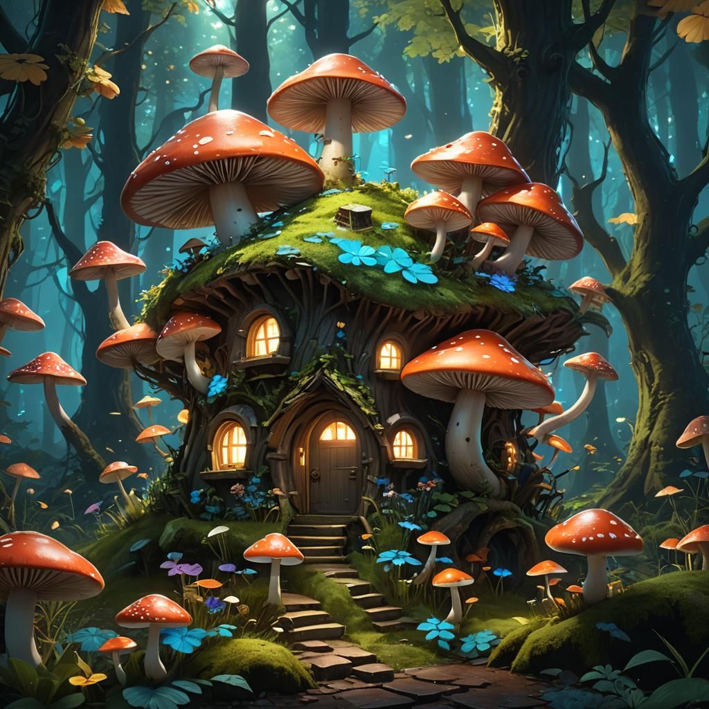 A fairy mushroom house in an enchanted bioluminescent forest.