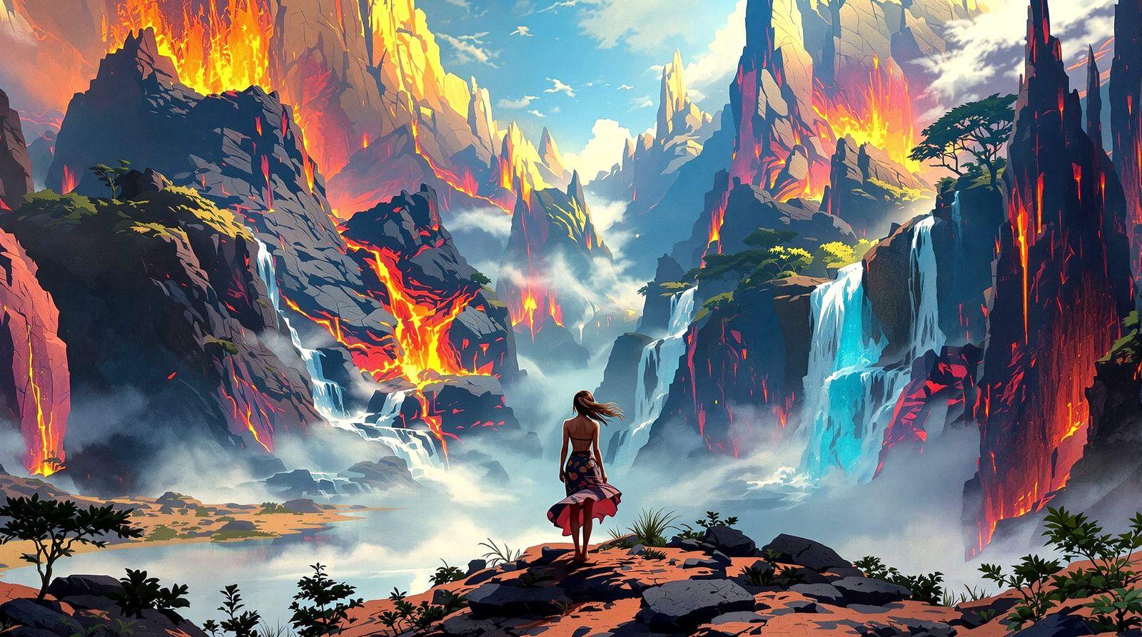 Serene Woman in Breathtaking Elemental Landscape