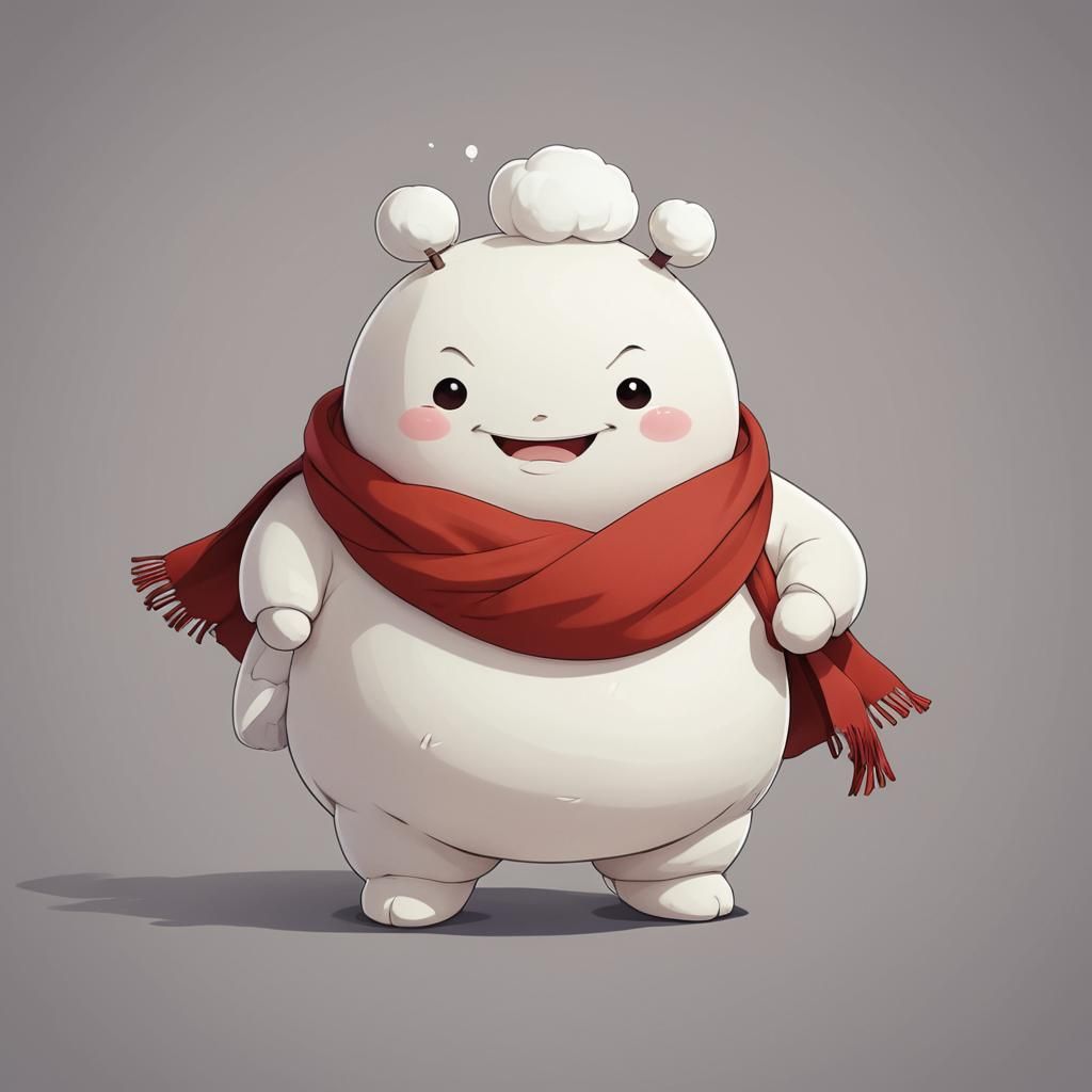 Marshmallow Creature with Red Scarf in Anime Style