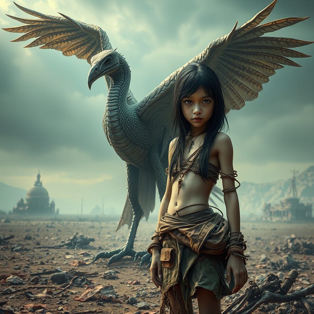 Apocalyptic Reptilian Woman Protected by Iridescent Bird