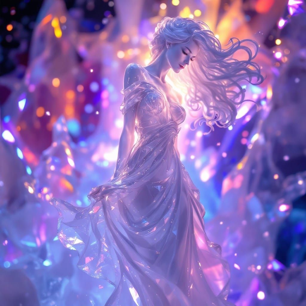 Ethereal Aquarius Goddess in Shimmering Ice Sculpture