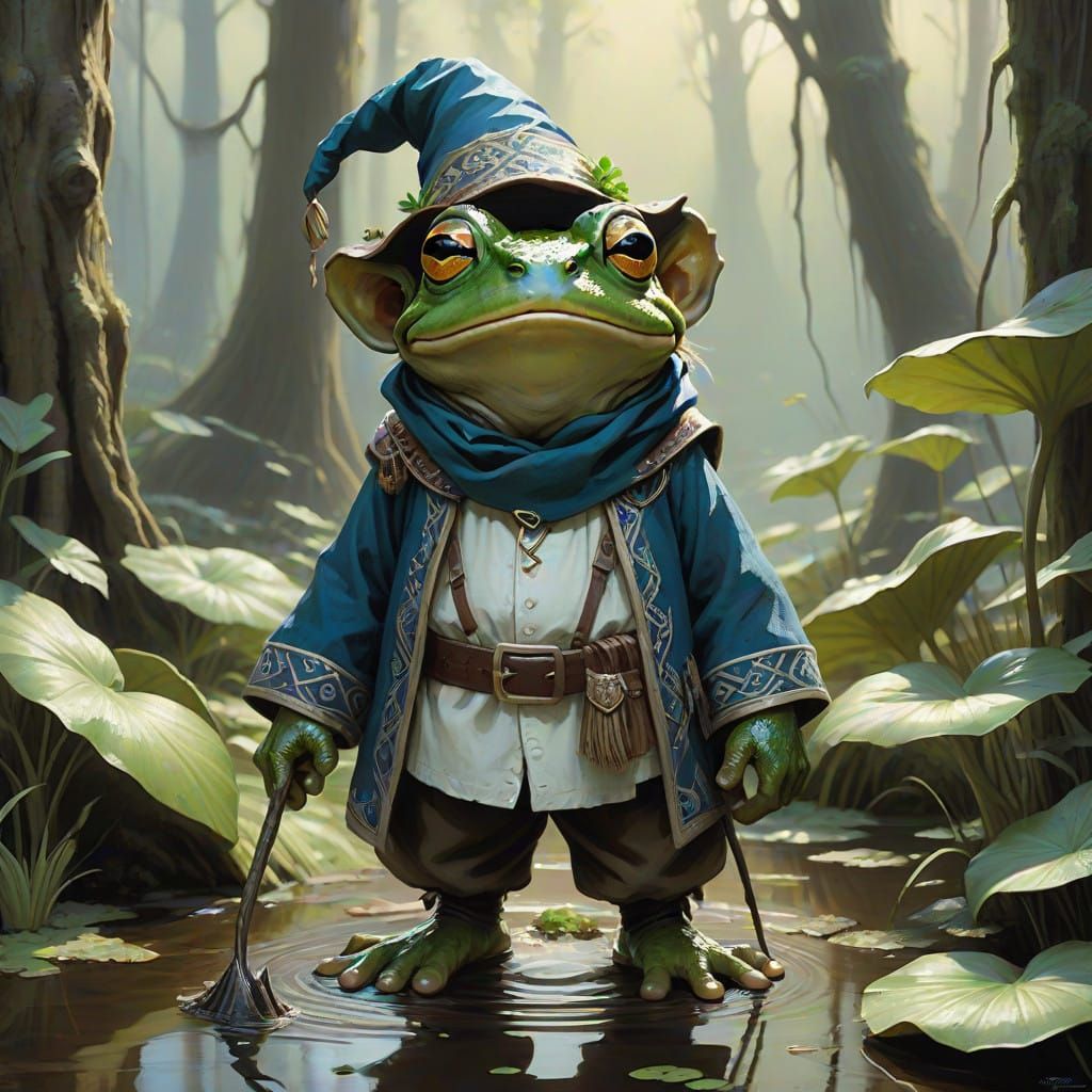 Gnome Rides Majestic Warty Frog in Vibrant Swamp