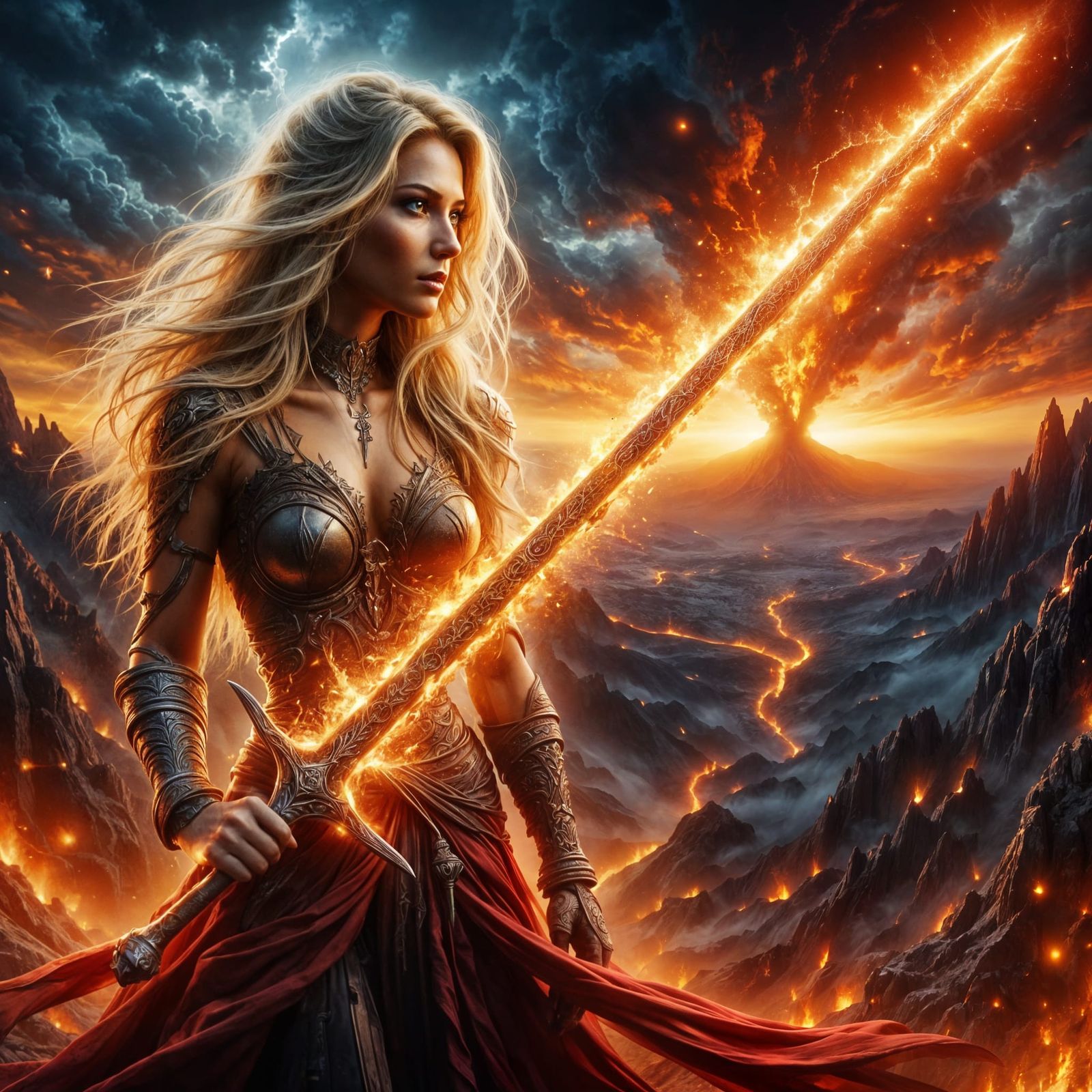 Epic Fantasy Valkyrie Wields Fiery Runesword in Blazing Volc...
