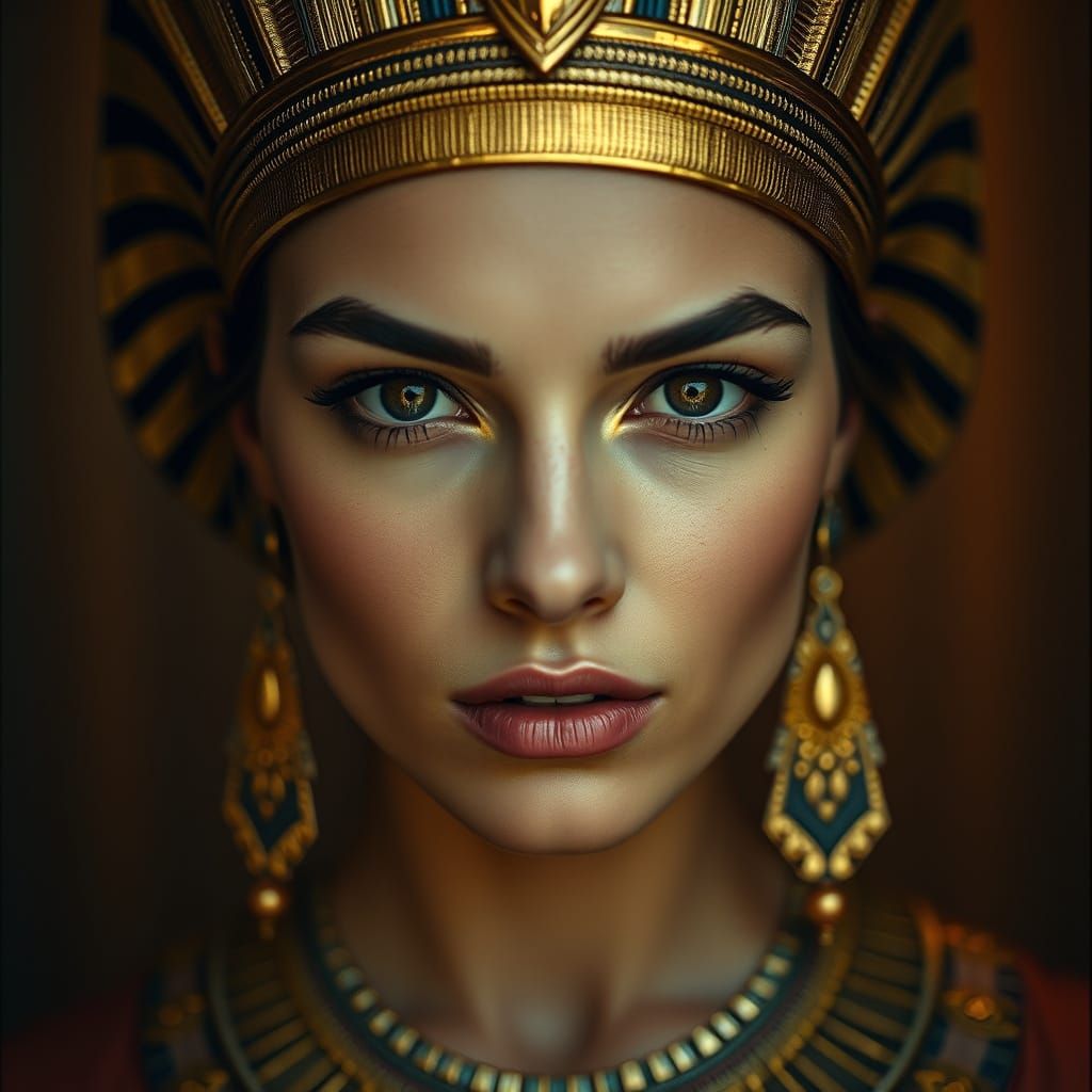 Ancient Egyptian Goddess with Golden Headdress and Quiet Con...