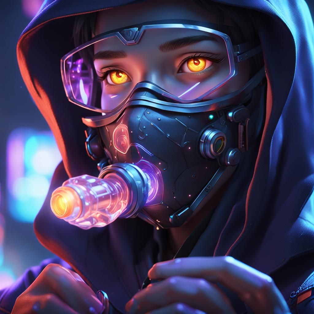 Futuristic Medic, Masked Figure, Neon Laboratory