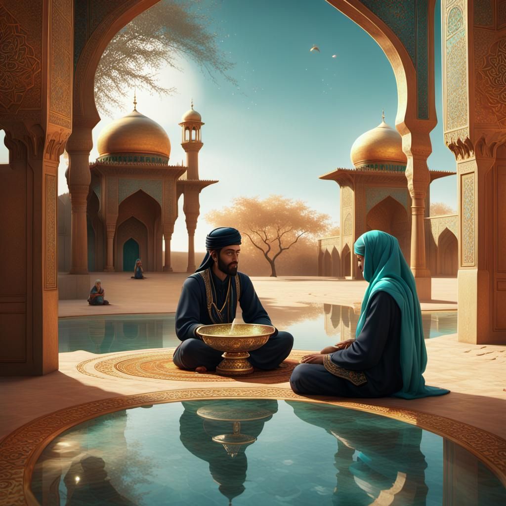 Islamic Figures in Ornate Setting with Golden Light