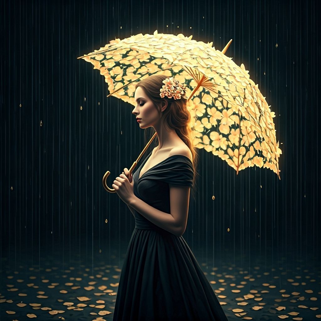 Woman Under Glowing Blossom Umbrella in Cinematic Light