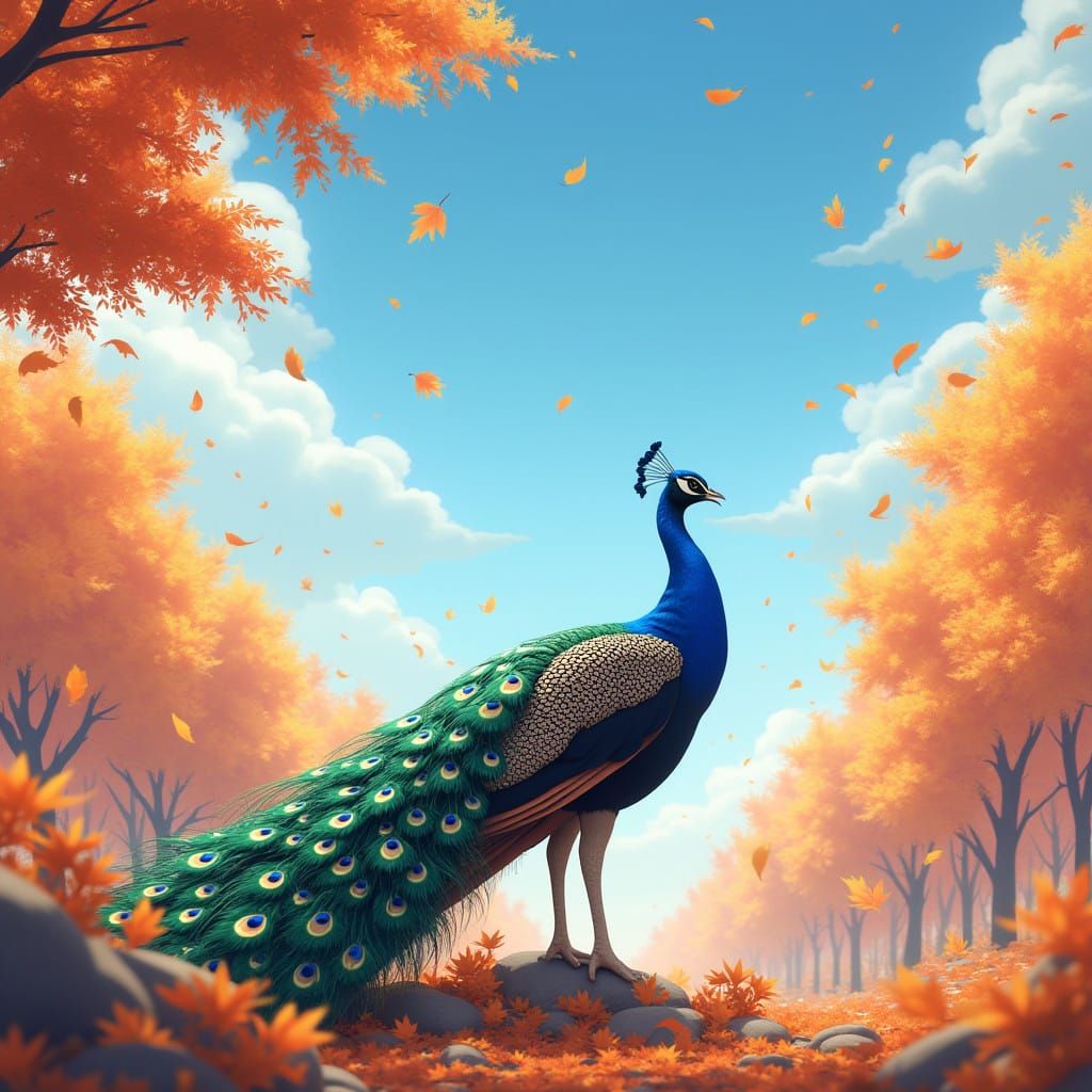 Vibrant Autumn Peacock with Orange Maple Trees in 3D Anime S...