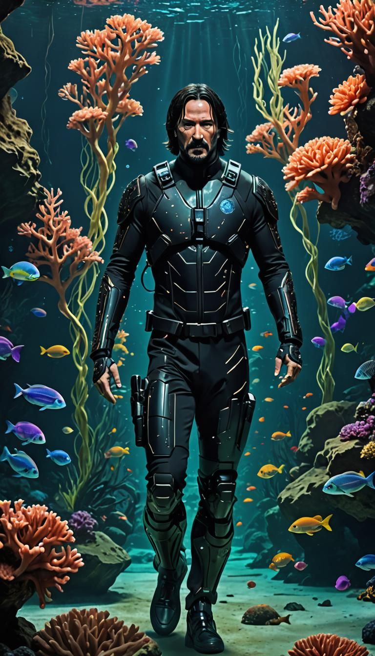 Underwater John Wick in Bioluminescent City