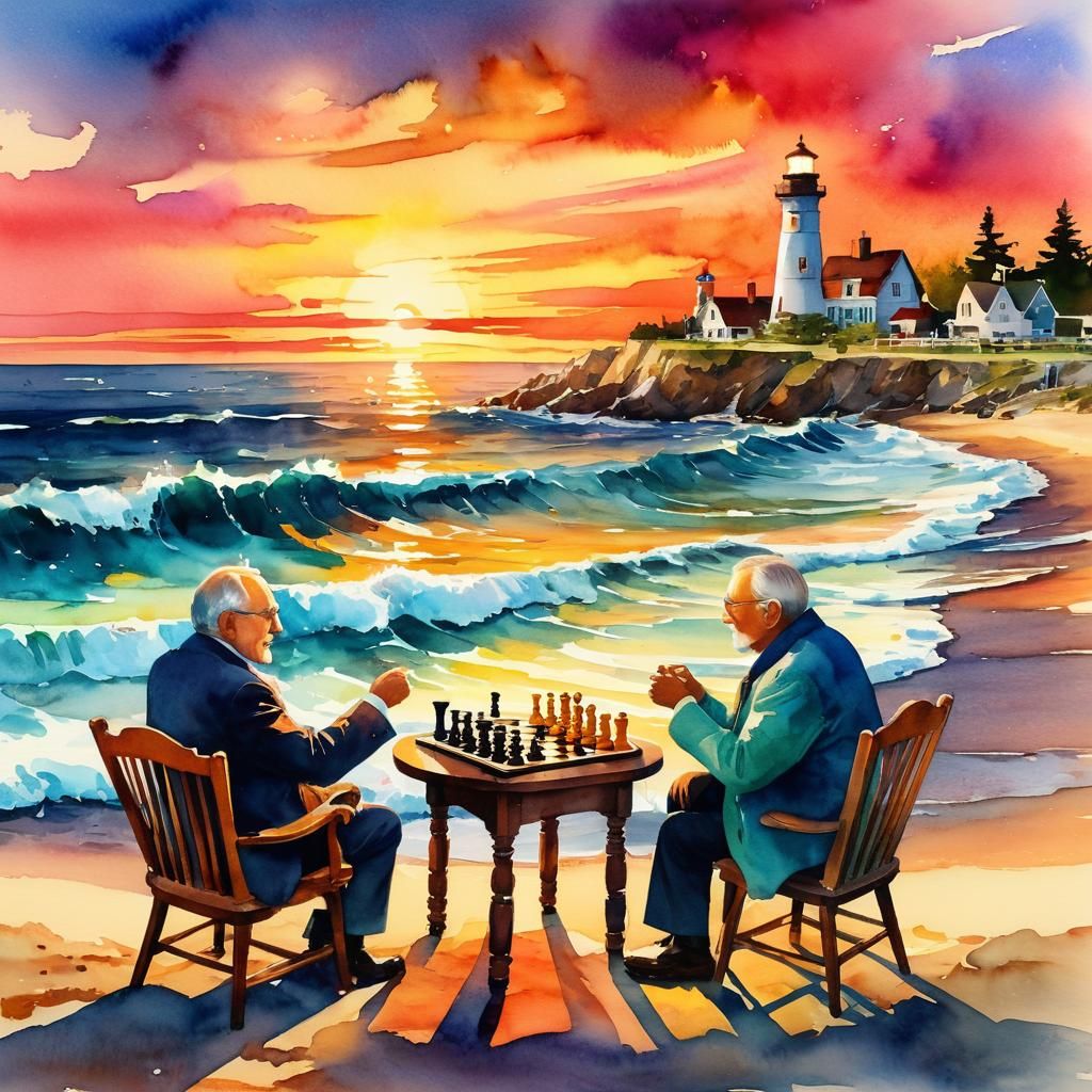 Beach Chess Game at Sunset in Watercolor Style