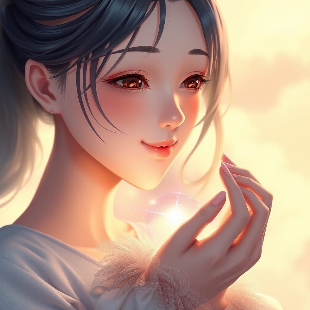 Compassionate Woman with Orb: Hyper-Realistic 3D Anime Art