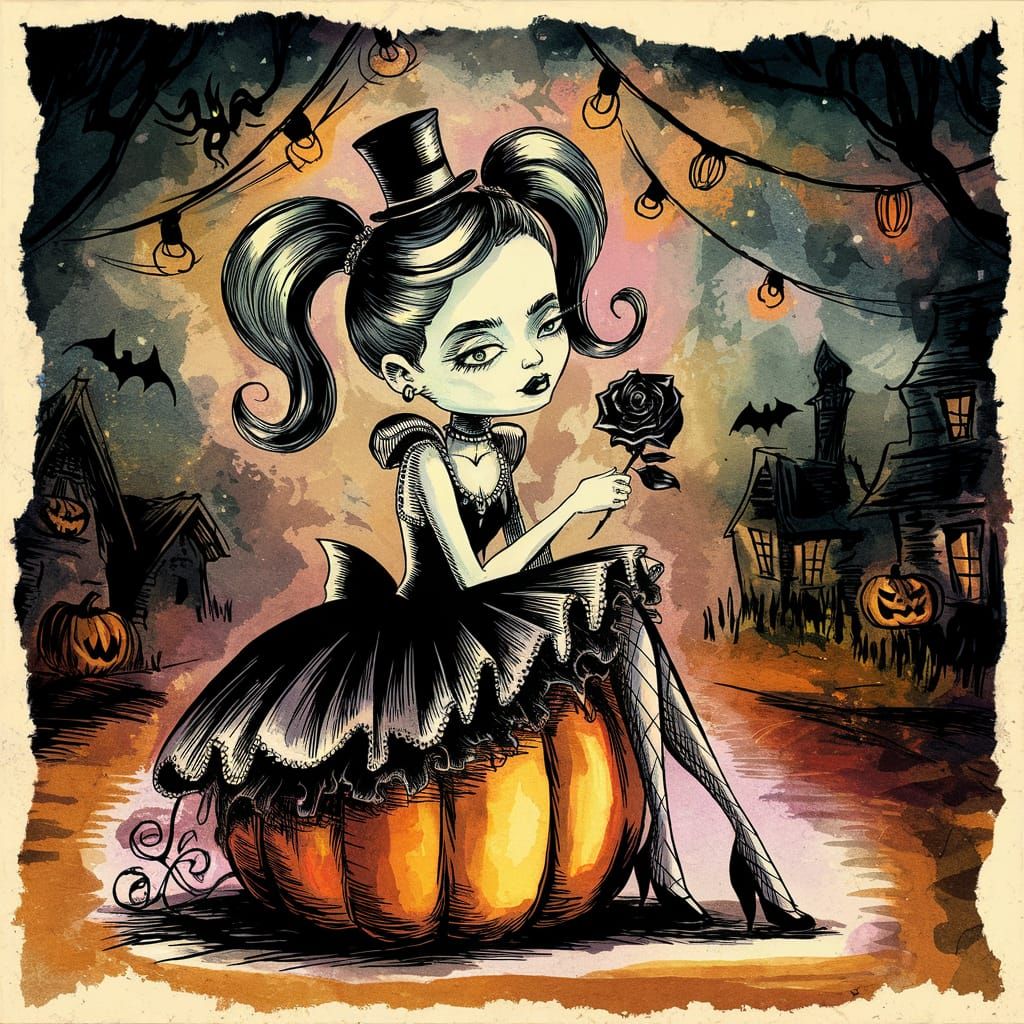 Gothic Teenager with Rose in Tim Burton Style