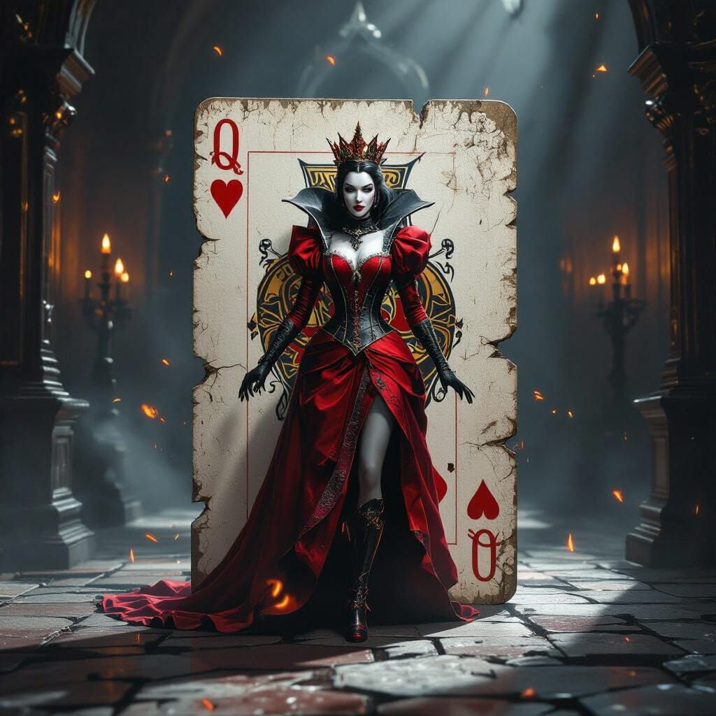 Queen of Hearts Emerges from Card in Gothic Room