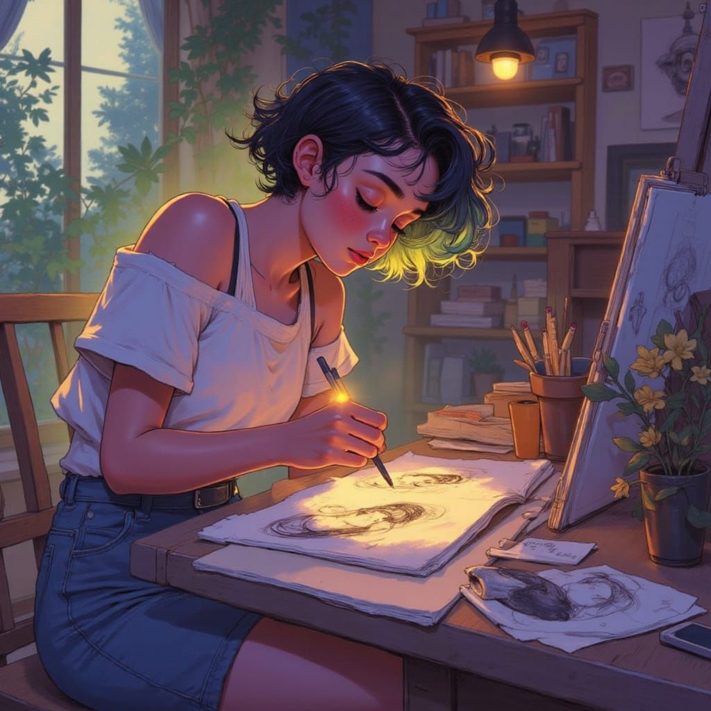 Queer Artist Focused on Life Sketches in Studio