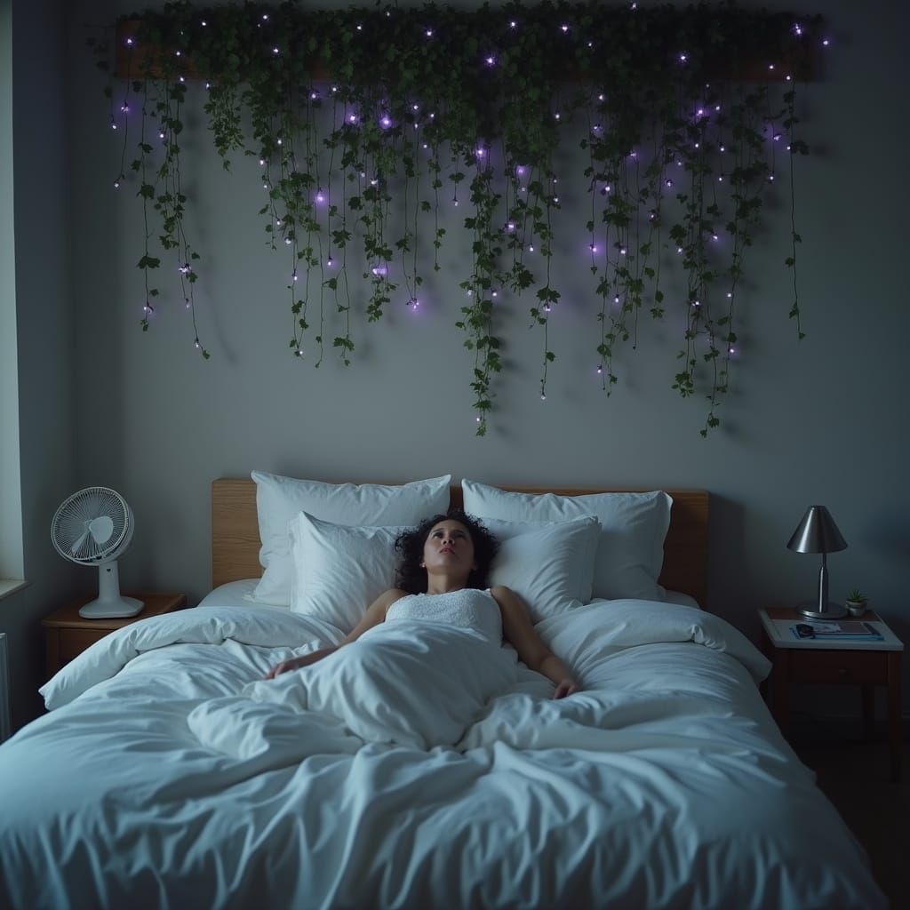 Serene Woman in Minimalist Bedroom with Moody Lighting