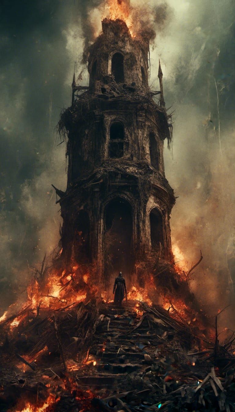 Macabre Knight Stands on Burning Tower
