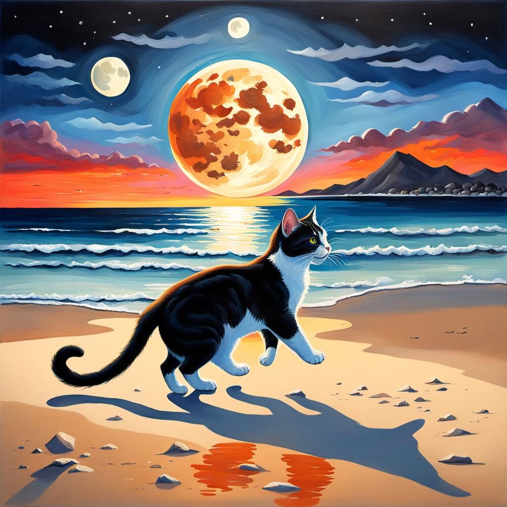 Dancing Cat Under Full Moon: Gouache Beach Sunset