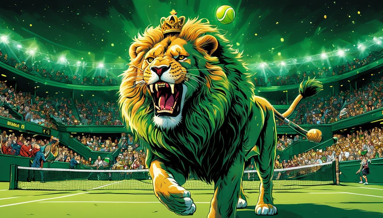 Lion Serves Glowing Tennis Ball in Comic Style