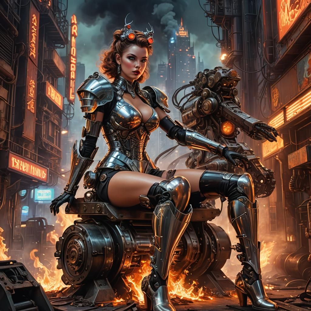 Futuristic Pinup Poses Before Mechanical Fireplace