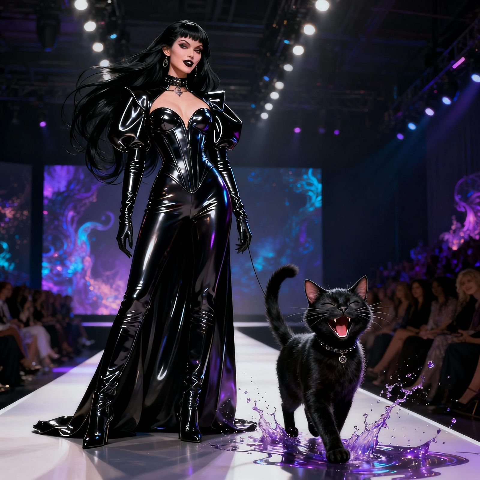 Woman with Black Cat in Latex Couture Fashion