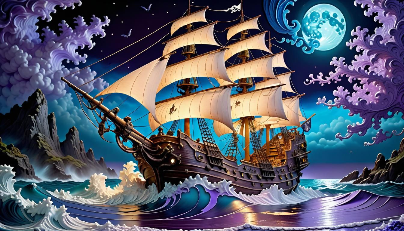 Maxfield Parrish inspired ancient pirate ship beaming in a raging sea, Material oi...
