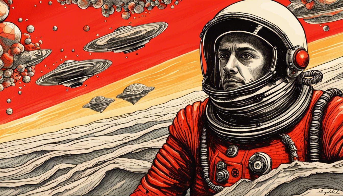 Retro Sci-Fi Astronaut in Surreal Pen and Ink Dreamscape