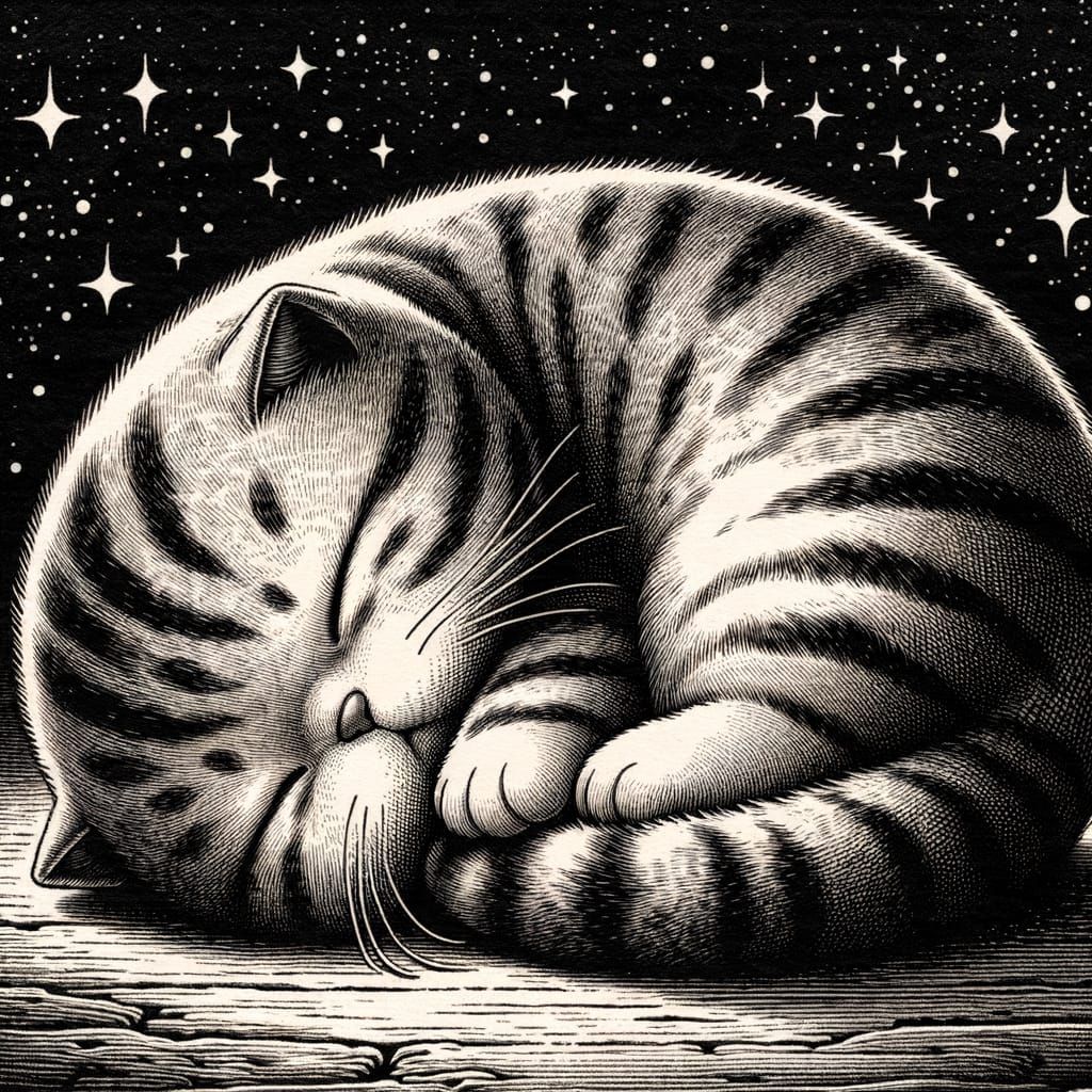 Engraved Chibi Kitten Sleeping Under Starry Sky