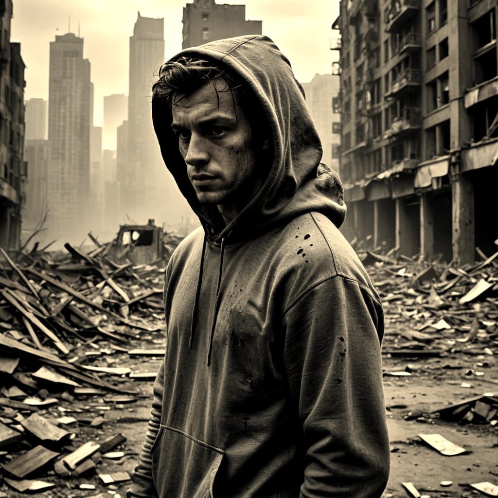 Intense Close-Up of Man in Hoodie in Ruined City