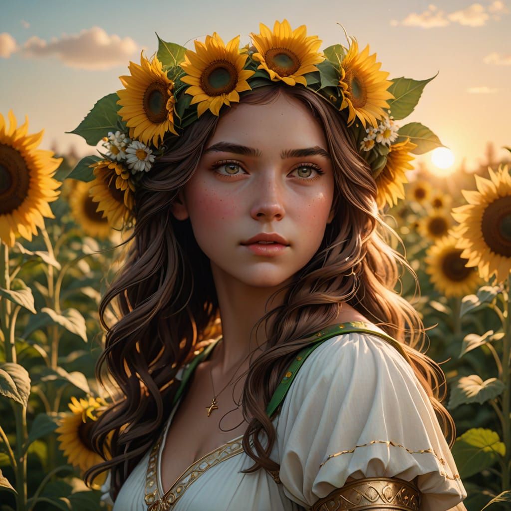 Princess in Sunflower Field, Inspired by Artgerm and Alphons...