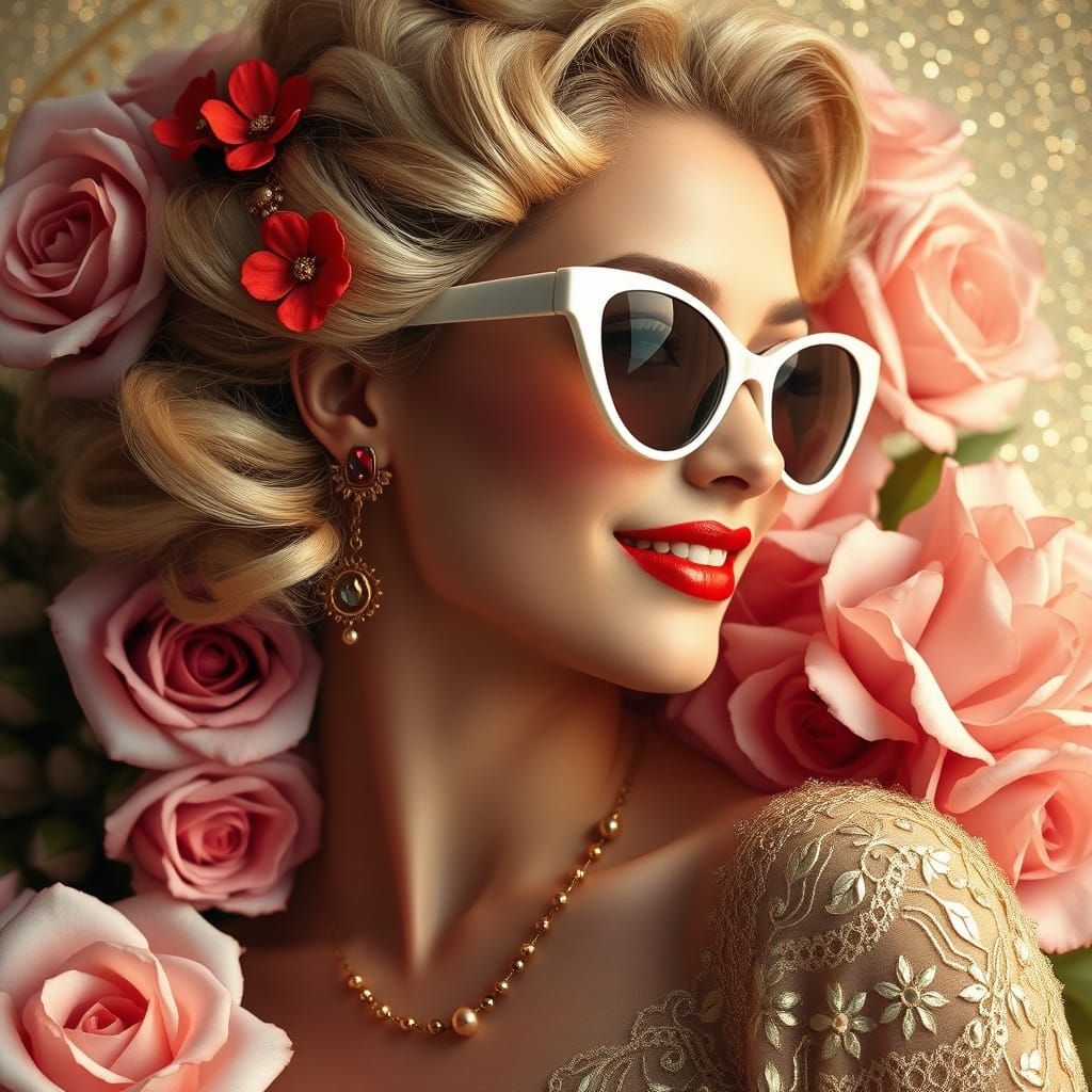 Elegant Woman with Blonde Curls in Art Nouveau Style