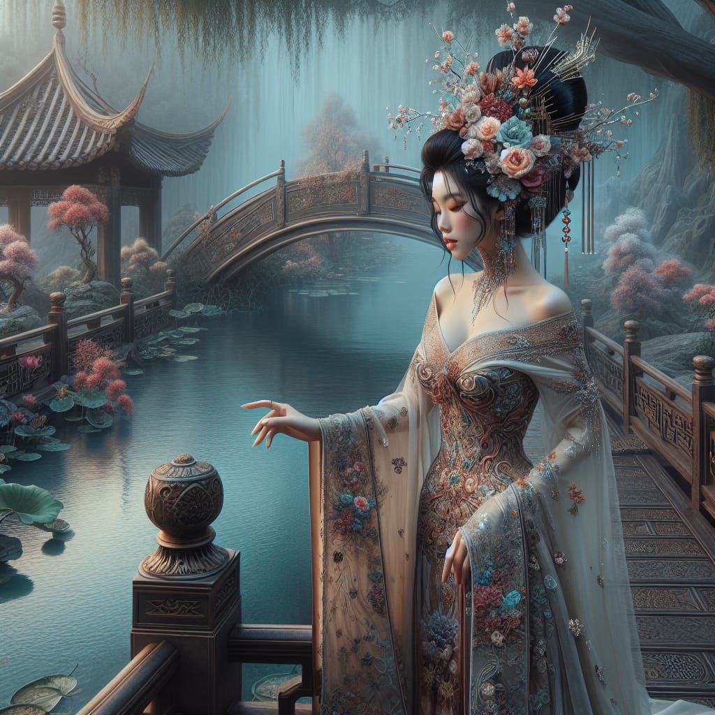 Serene Japanese-Inspired Goddess in a Fantastical Garden Set...