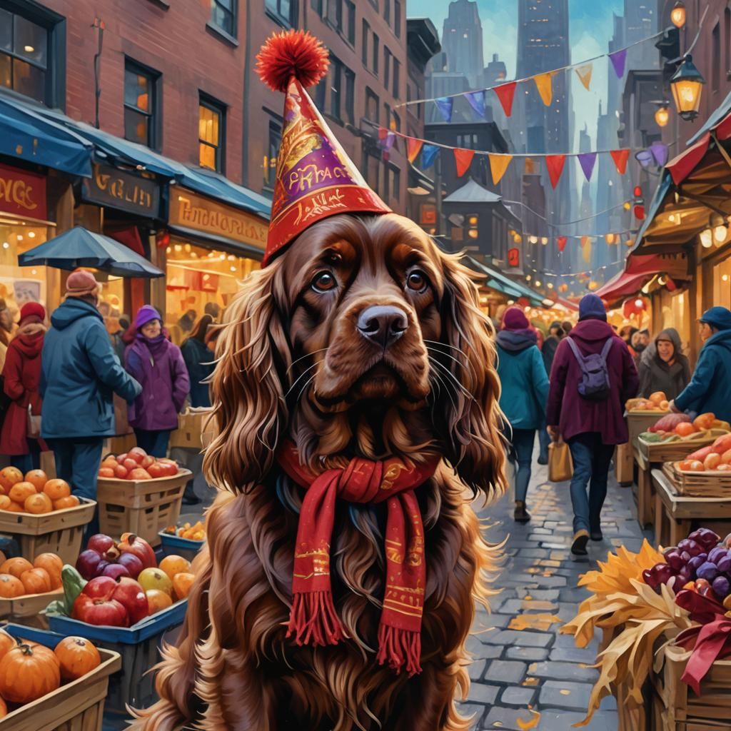 Sussex Spaniel at Thanksgiving Market: Matte Painting