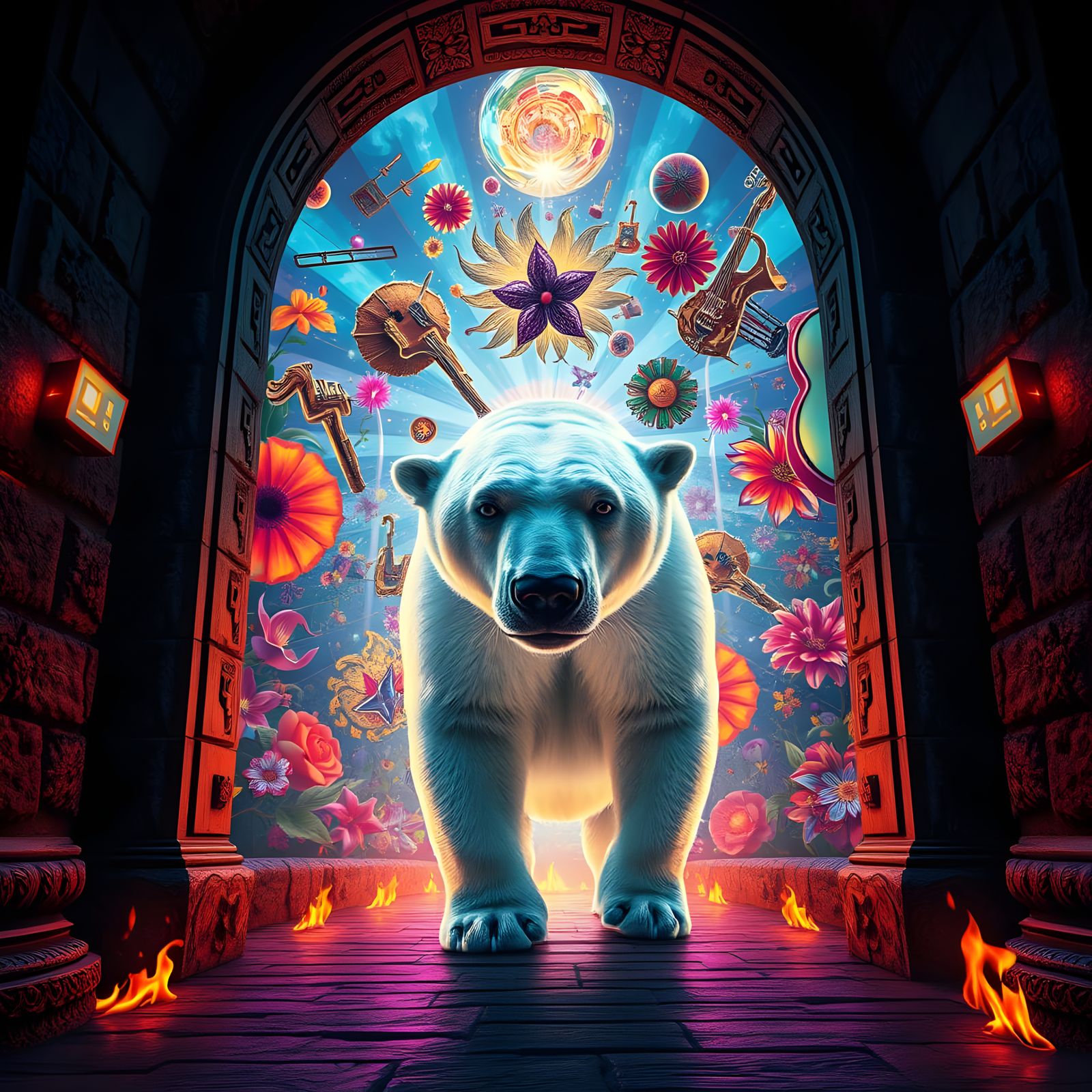 Psychedelic Polar Bear in Vibrant, Swirling Patterns