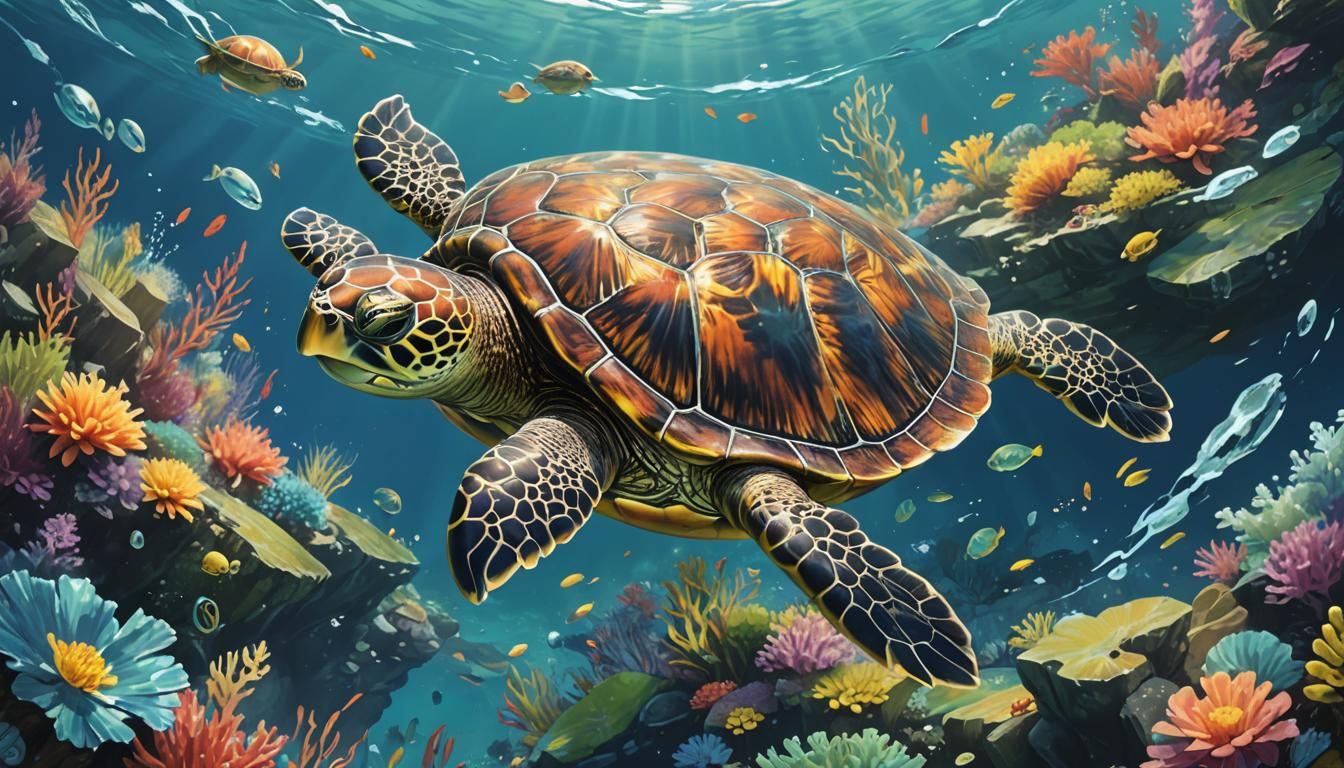 Colorful Turtle in Ocean Current: Graffiti Art Style