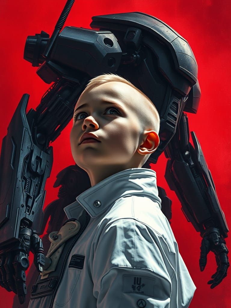 Boy in Sci-Fi Outfit Amidst Cybernetic Shadows