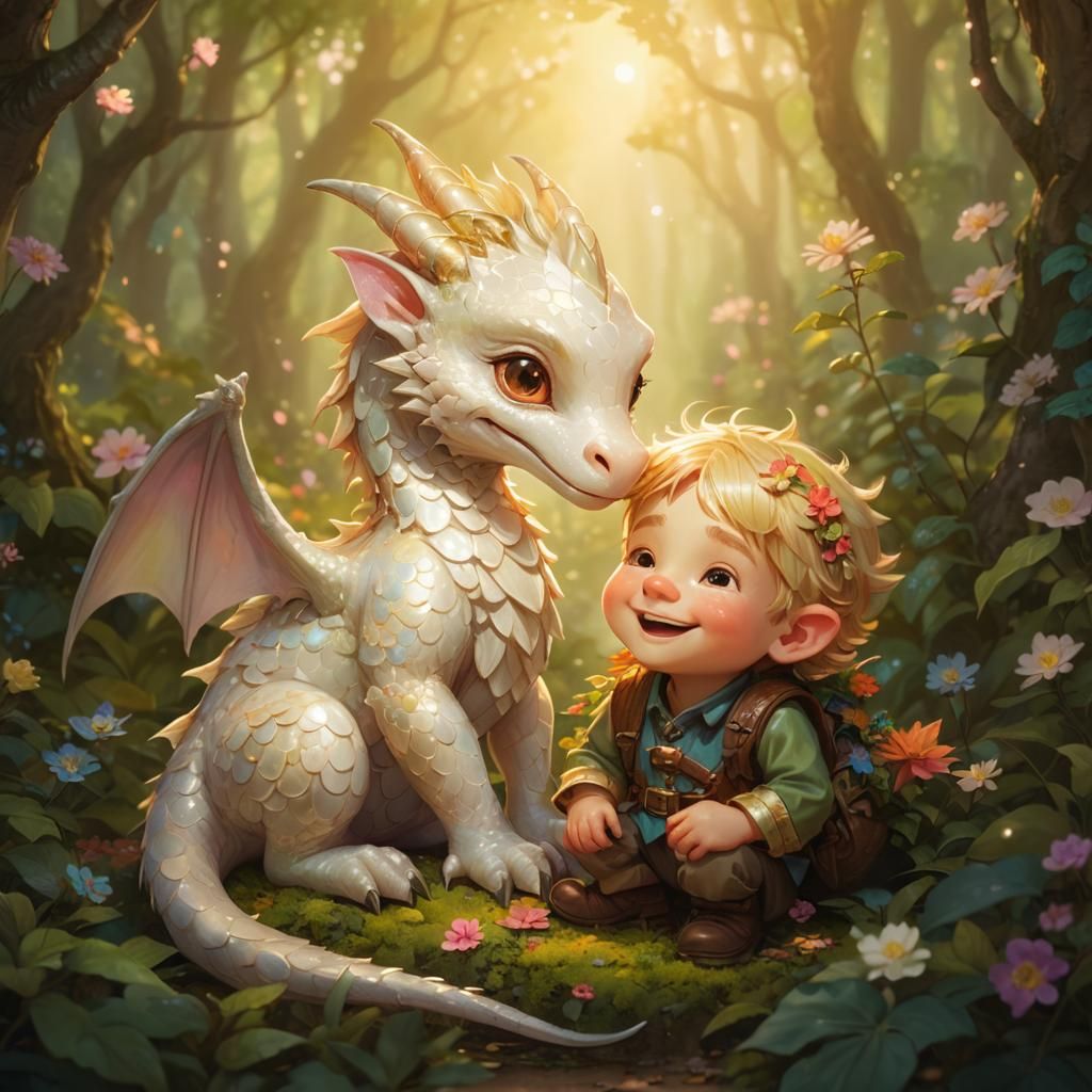 Gnome Boy Hugging Dragon: Whimsical Fantasy Art