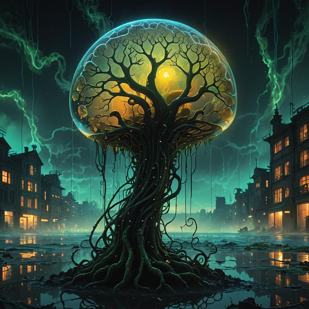 Beksiński-Inspired Dark Fantasy with Bioluminescent Eye