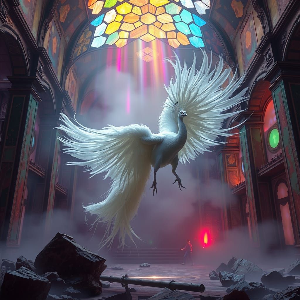 Elegant White Peacock in Ruined Marble Sanctum