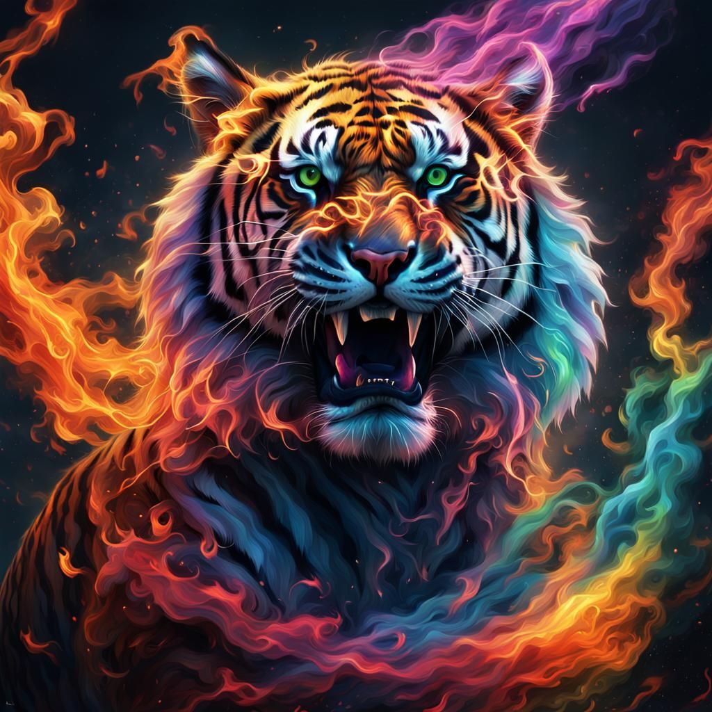 Rainbow Flame Tiger: Epic Digital Matte Painting