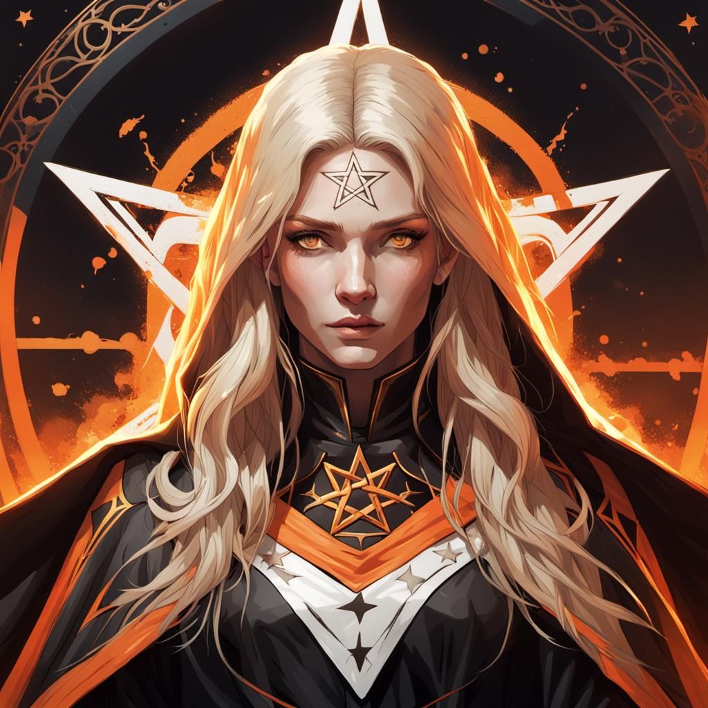 Blonde Woman in Pentagram Cloak, Hyperdetailed Portrait