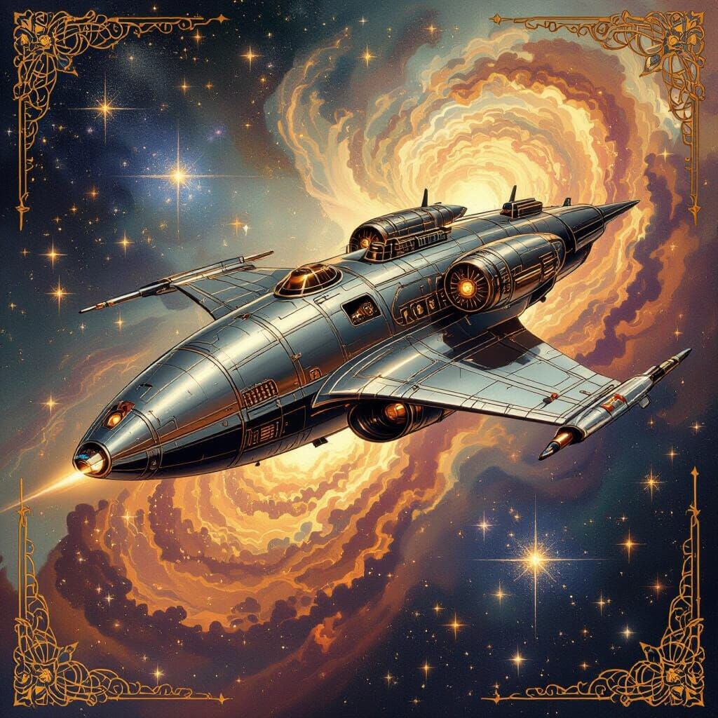 Steampunk Spaceship in Art Nouveau Nebula
