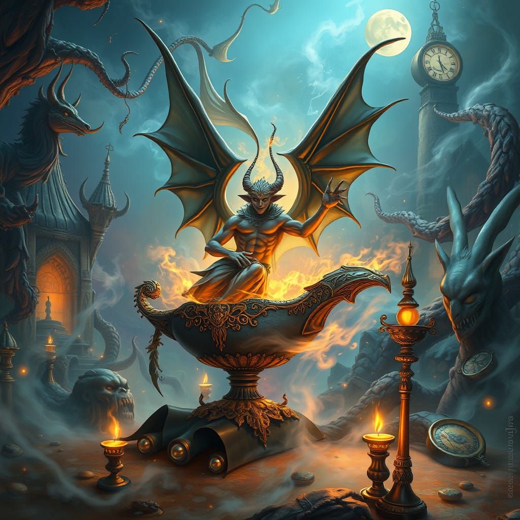 Ethereal Djinn Unveiled in Vibrant, Surreal Landscape