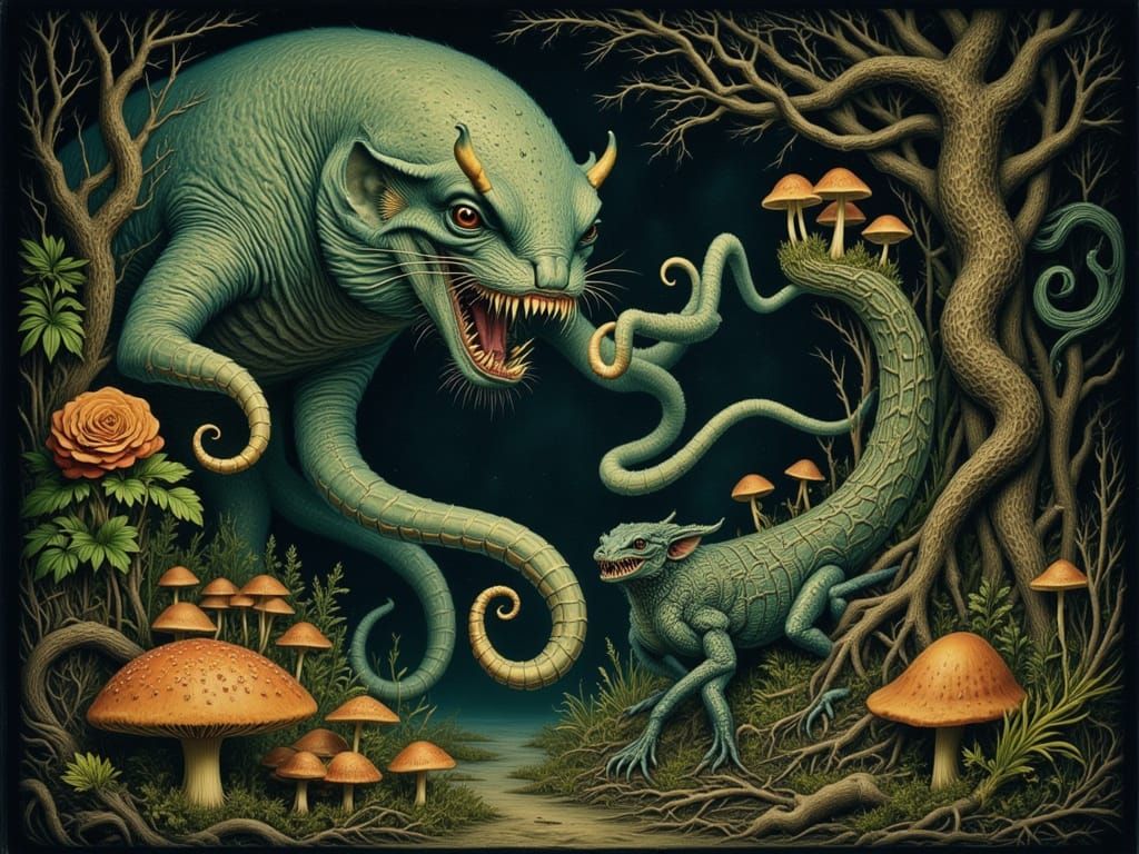 Snallygaster and Jabberwocky in Mystical Forest